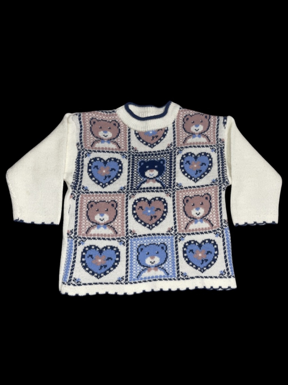 Vintage Girls 3T Kids Sweater White Blue Pink Country Teddy Bears Hearts Acrylic